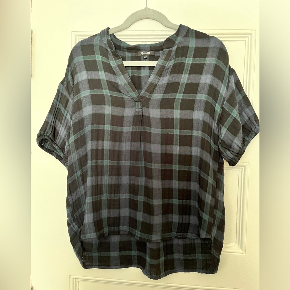 Madewell Lightspun Bubble-Sleeve Top in Plaid - Small